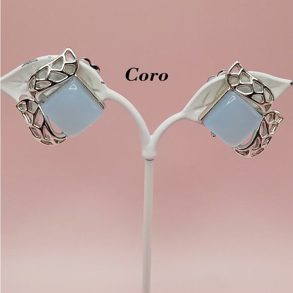 Vintage Light Blue Moonglow Clip Earrings, Silver Tone, 1 1/4 Inches, 1950s - Picture 1 of 7